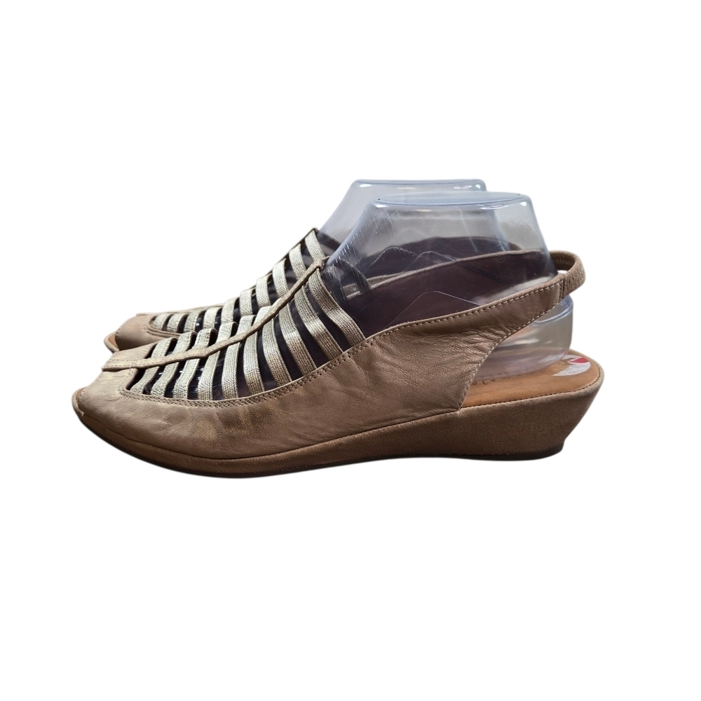 Gentle Souls Liliana Caged Gold Leather Lattice Peep Toe Wedge Sandals